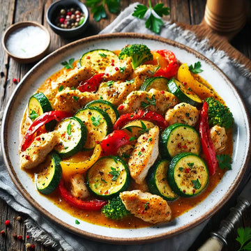Würzige Hähnchenpfanne mit Gemüse und Rührei Gewürzsalz - Herbertha