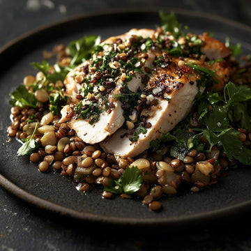 Pouletbrust mit Wildkräutersalz auf warmem Linsen-Dinkel-Salat