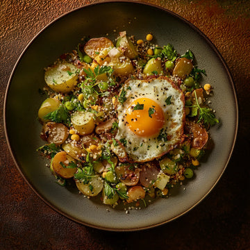 Geröstete Gemüse-Kartoffelpfanne mit Wildkräutersalz und Spiegelei