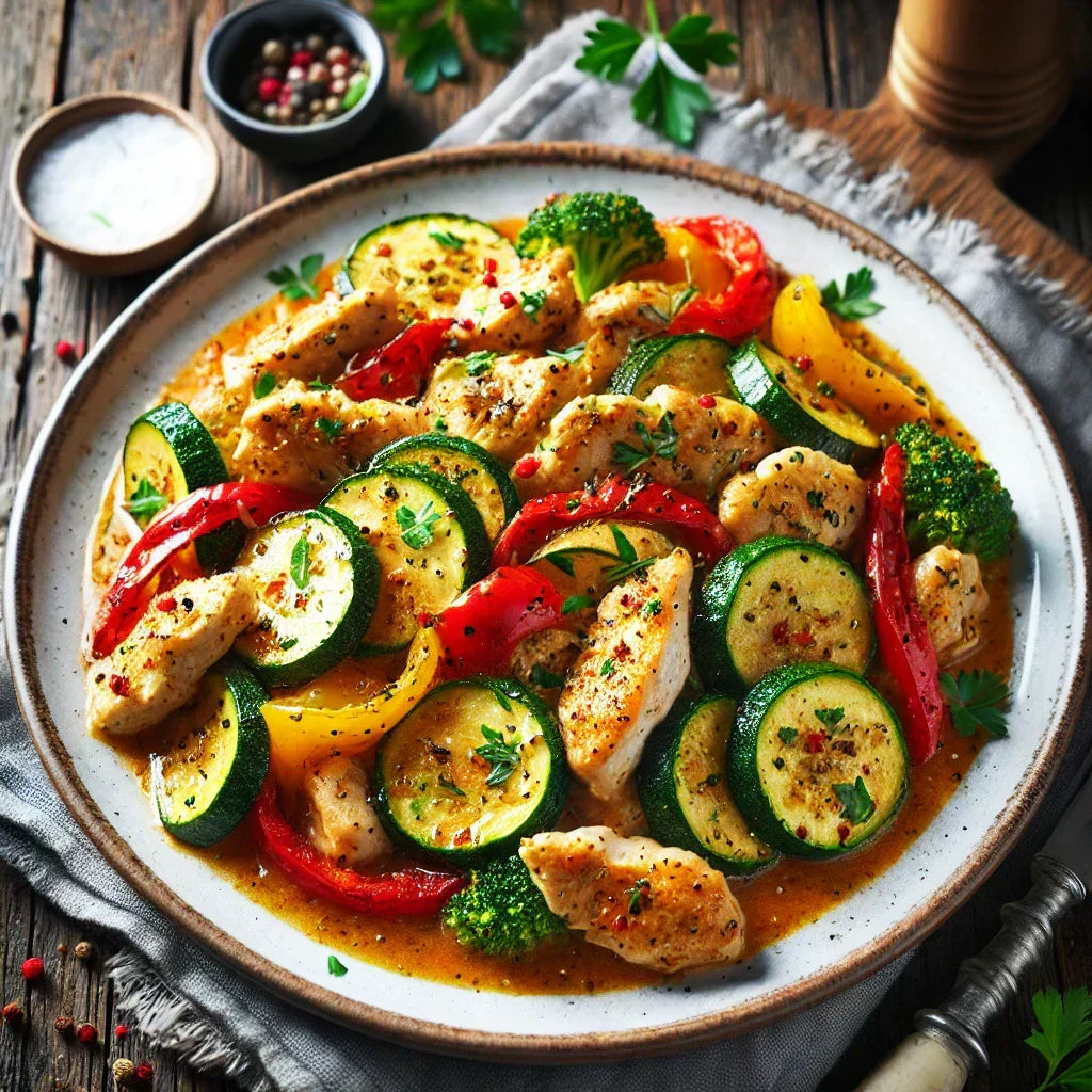 Würzige Hähnchenpfanne mit Gemüse und Rührei Gewürzsalz - Herbertha