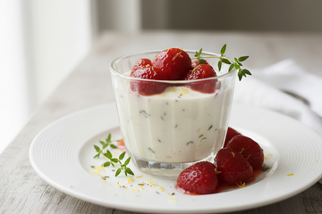 Zitronen-Thymian-Panna Cotta mit marinierten Erdbeeren